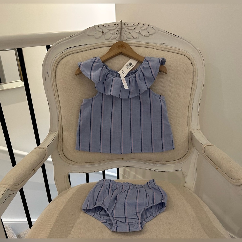 🦢 18~24 Mth Soft 100% Cotton Blue Striped Ruffle Baby Outfit NWT